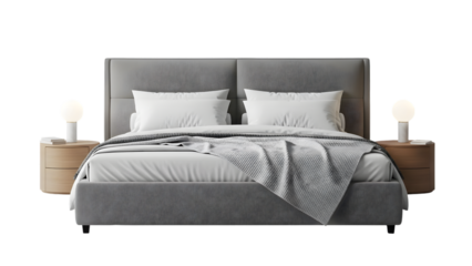 Modern gray bed with white pillows and blanket isolated on a transparent background modern bed