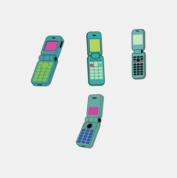 Set of colorful vintage flip phone icons or retro mobile cellphones from the early 2000s era for nostalgic communication and technology design