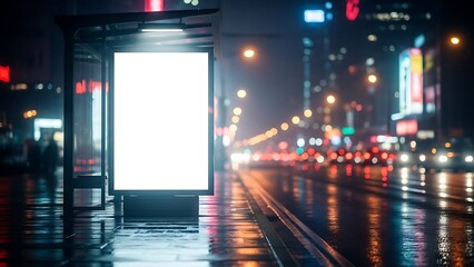 A blank hanging shop sign mockup on a wet city street at night with blurred neon lights reflecting on the wet pavement