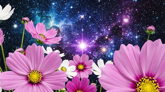 Flowers in bloom against a starry cosmic background. Blooming petals and celestial bodies