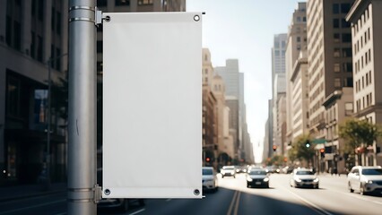 A blank vertical banner mockup on a city street pole with cars driving by and tall buildings in the background