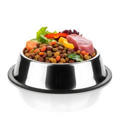 Stainless steel dog bowl filled with nutritious pet food, isolated on white or transparent background, PNG Format.