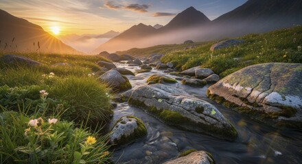 Glowing sunrise illuminates a rocky mountain stream flowing through a lush alpine meadow