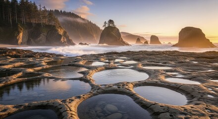 Seascape showcases tidal pools and sea stacks during golden hour lighting
