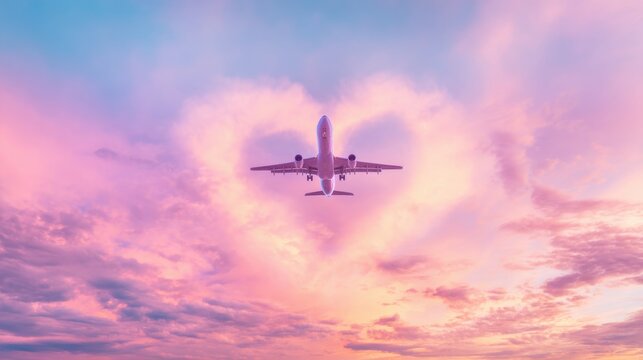 Plane flies high in the sky with heart-shaped clouds at sunset