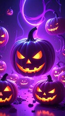 Spooky scene of glowing jack-o'-lanterns against a neon violet backdrop