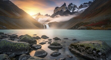 Majestic granite peaks tower above a glacial lake as sun breaks through morning mist