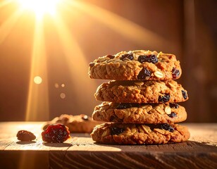 Stack of four oatmeal raisin cookies in warm sunlight on wooden surface