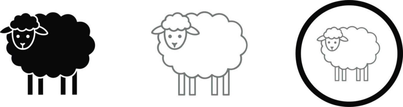 Professional sheep icon set featuring solid black and outline woolly lamb symbols for livestock and farm animal branding.