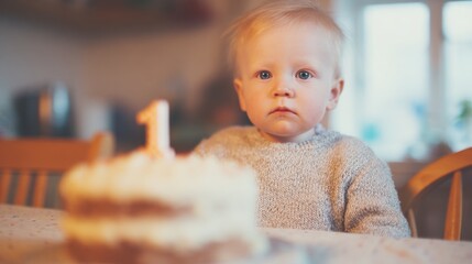 Fototapeta premium Child looks at birthday cake during first birthday celebration at home