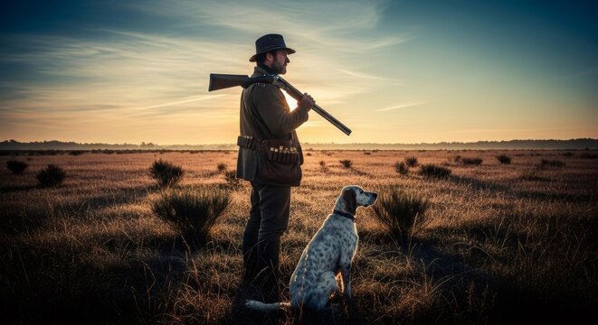 Hunter with shotgun and dog in wide field at sunrise. Hunting season concept. Man standing with a hunting dog in a field.