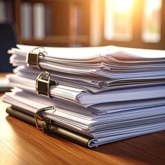 Stacked paperwork, bound by clips, lit by warm sunlight in an office setting
