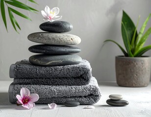 Stacked stones with towels, flowers, and plant on a white surface