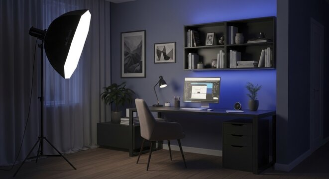 Professional  lighting equipment illuminates a contemporary home office setup in a darkened room