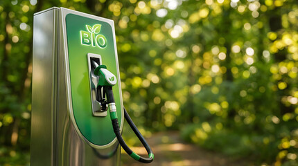 Eco friendly biofuel station integrated into a green forest environment