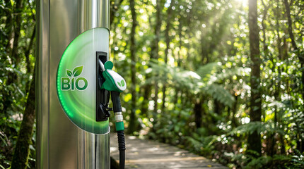 Bio fuel dispenser handle at a station in a sunny forest