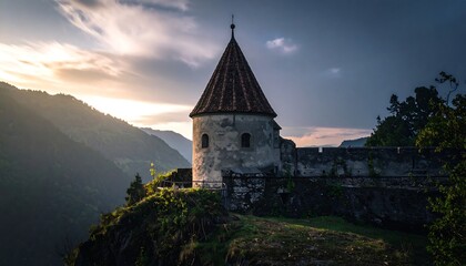 Stone tower with tiled roof, castle structure, and mountain vista