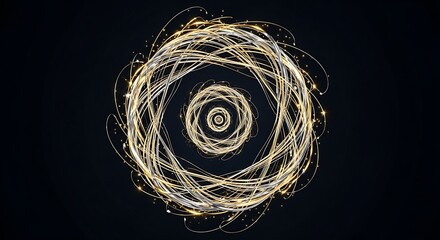 Abstract glowing golden and silver light trails swirl concentrically against a dark background