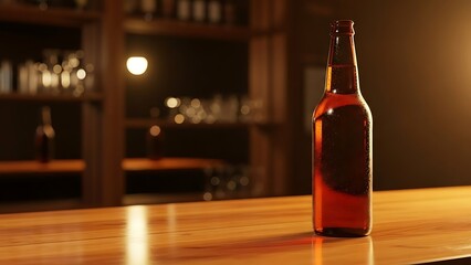 A lone beer bottle stands on a wooden bar counter illuminated by a warm light in a dimly lit bar environment