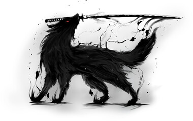 刀を咥えた狼の水墨画アート和風なイラスト