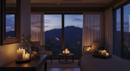 Fototapeta premium Tranquil spa treatment room features numerous illuminated candles overlooking a mountainous landscape at dusk