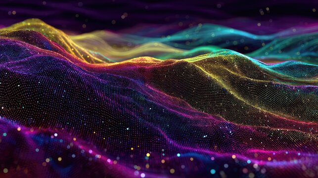 Vibrant Abstract Waves of Color with Illuminated Particles Flowing Across a Digital Landscape in a Beautiful Multidimensional Scene