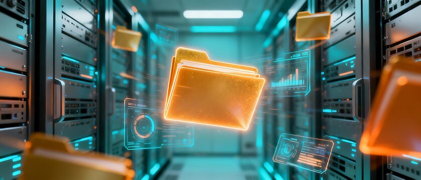 Glowing digital file floating in virtual cyberspace, representing cloud storage, data flow, secure information management, modern technology, network system, digital archive, automated processing. - Powered by Adobe