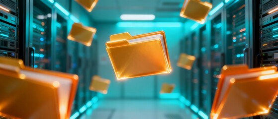 Glowing digital file floating in virtual cyberspace, representing cloud storage, data flow, secure information management, modern technology, network system, digital archive, automated processing.
