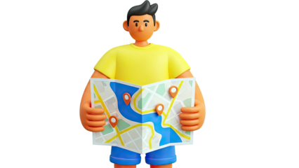 3D Cartoon Character Holding a Map with Pins