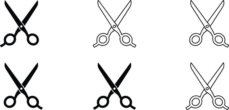 Professional barber scissors set with solid black and outline stroke icons for hair salon styling and grooming services.