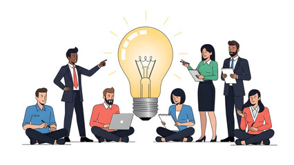 a diverse team working on a central idea symbol for innovation and brainstorming creativity within a professional corporate business environment.