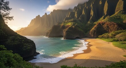 Dramatic coastal landscape features rugged mountains towering over a secluded sandy cove at sunrise