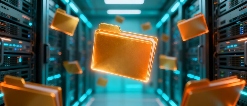 Glowing digital file floating in virtual cyberspace, representing cloud storage, data flow, secure information management, modern technology, network system, digital archive, automated processing. - Powered by Adobe