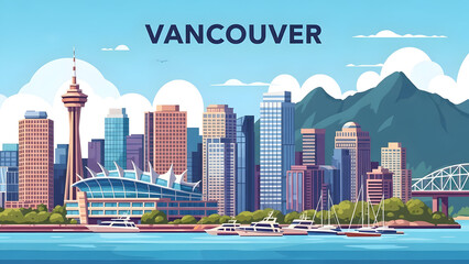 Naklejka premium Artistic colorful vector graphic showcasing the urban Vancouver skyline panorama with contemporary glass skyscrapers, scenic harbor waterfront, luxury boats, and majestic mountain peaks.