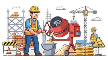 a construction builder mixing cement mortar in a bucket on an active building site, highlighting industrial material preparation and manual labor work.