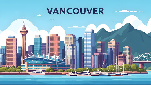 Artistic colorful vector graphic showcasing the urban Vancouver skyline panorama with contemporary glass skyscrapers, scenic harbor waterfront, luxury boats, and majestic mountain peaks.