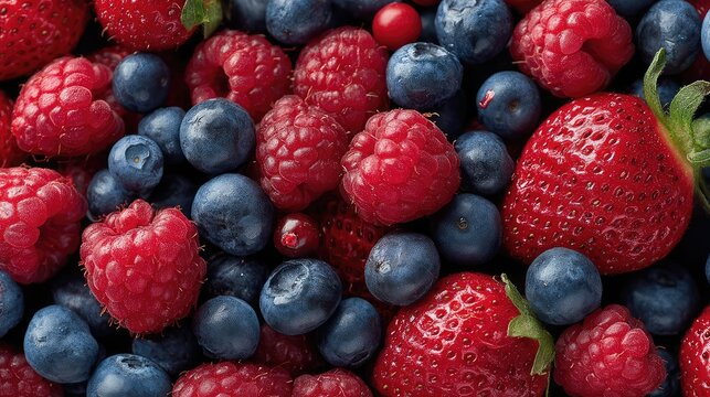 Fresh and Vibrant Mixed Berries Displaying Juicy Red Raspberries and Blueberries for Healthy Lifestyle and Delicious Desserts on Black Background