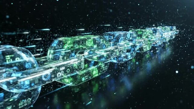 Futuristic digital chain representing blockchain technology in a cosmic space