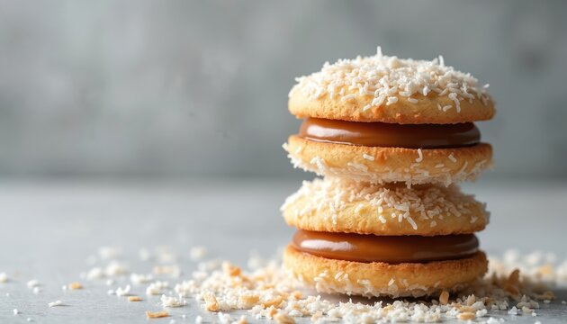 Two alfajores cookies with dulce de leche filling are stacked. Coconut flakes coat the sides of the baked cookies. Crumbs are scattered on the surface.