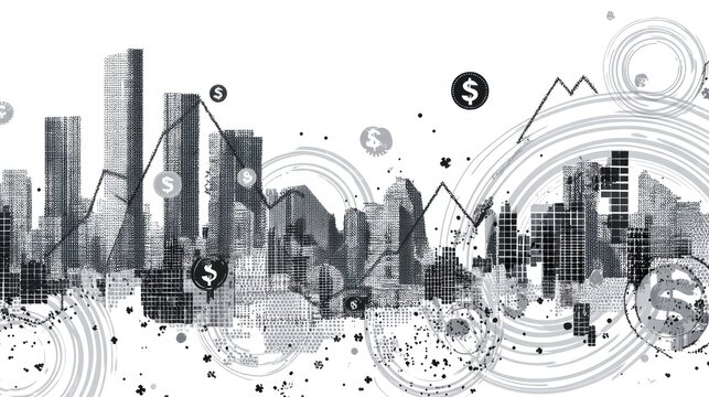 Abstract financial city skyline design featuring graphs, dollar signs, and circular patterns representing finance and investment trends in a modern urban environment