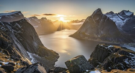 Dramatic mountain peaks surround a calm fjord bathed in bright morning sunlight.
