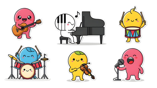 Adorable kawaii musician sticker collection featuring whimsical animated characters playing acoustic guitar grand piano rhythm drums classical violin and performing vocal melodies.