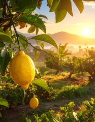 Sunny orchard with ripe lemons hanging, mountains, and sunrise