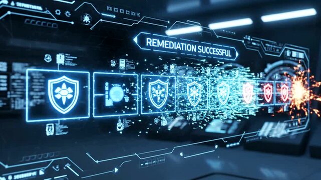 Futuristic digital interface displaying threat detection alerts in a tech lab