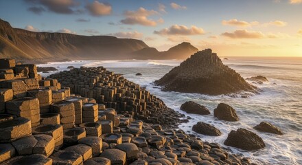 Basalt columns form dramatic coastal formations during a warm sunset
