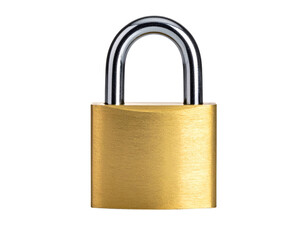 Naklejka premium A shiny brass padlock with a silver shackle, standing. isolated on transparent background, png