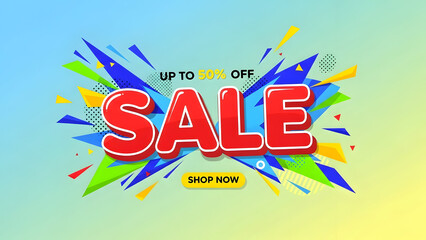 Striking vibrant sale vector poster with oversized bold typography and dynamic abstract shapes featuring colorful geometric design elements for marketing promotion and seasonal retail clearance