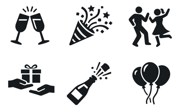 Modern glyph celebration icon set featuring party poppers, dancing, champagne, gifts, and balloons for festive events