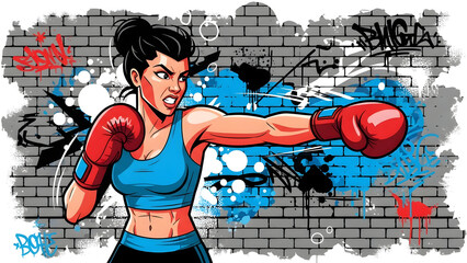 Powerful female boxer athlete street mural featuring vibrant bold flat colors and an edgy urban graffiti background wall art design.