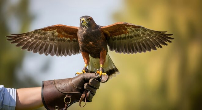 Harris hawk, a falconry bird, landing on a man's gloved hand with spread wings, representing the art of hunting and training raptors for sport.